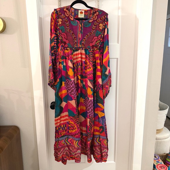 FARM Rio Dresses & Skirts - Farm Rio Red Abstract Patches Kaftan Dress Embroidered Pom Pom Maxi Large Boho